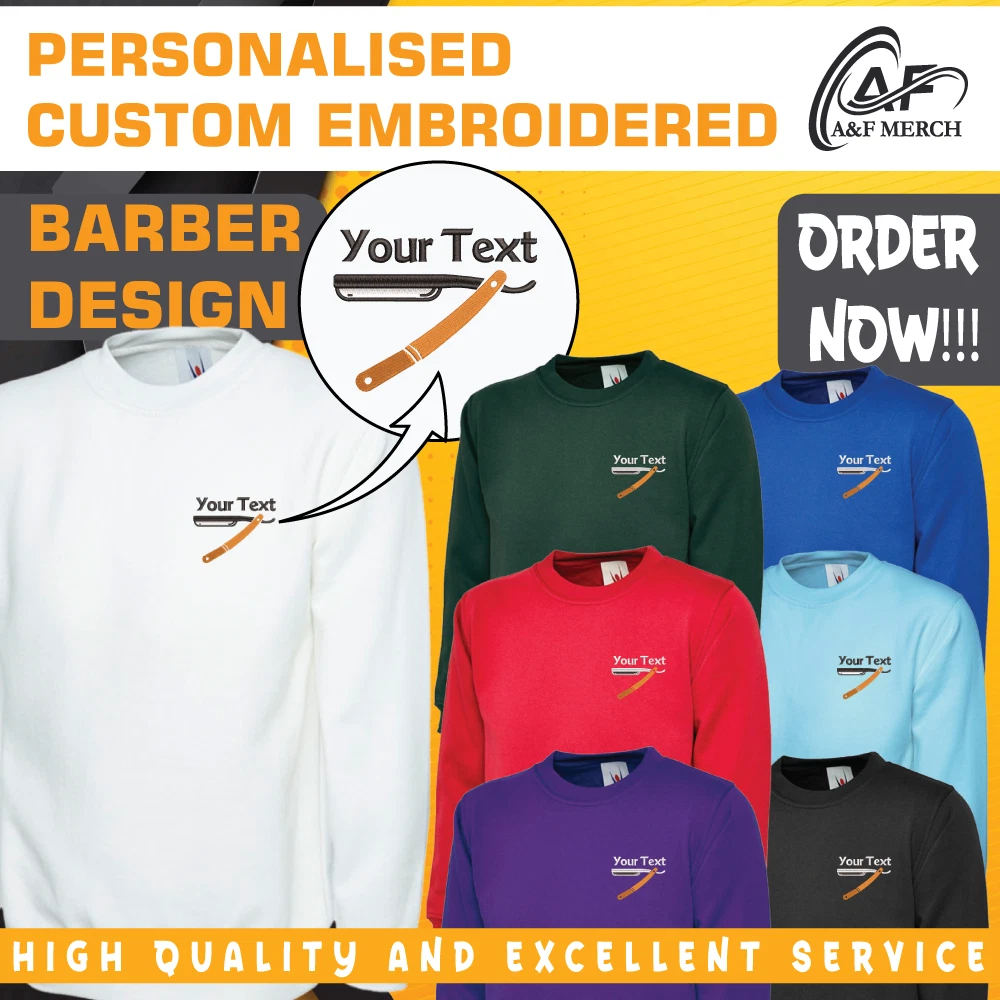 Personalised Custom Embroidered Sweatshirt Your Text Hair Cutting Saloon Spa