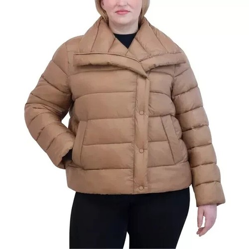 Tahari Women's Asymmetrical Puffer Jacket, Tan, Size Large - New - Picture 5 of 6