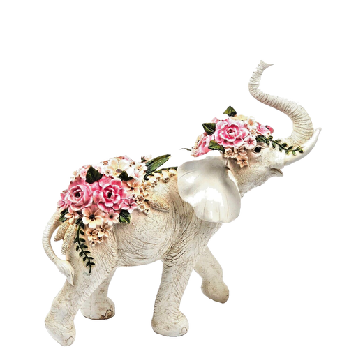 White Elephant Pink Flowers Ornament Figurine Statue Garden Sculpture Decor 34cm - Picture 5 of 12