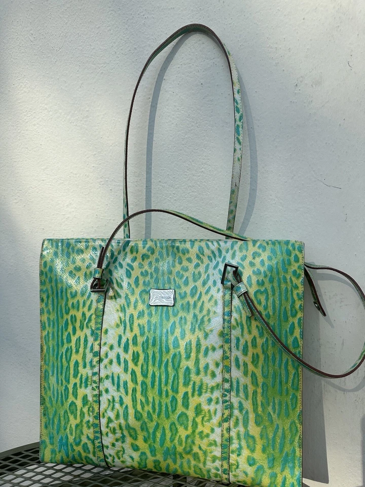 Roberto Cavalli Bag Borsa Green Leopard Leather Tote Top Medium Handbag Purse - Image 4 of 4