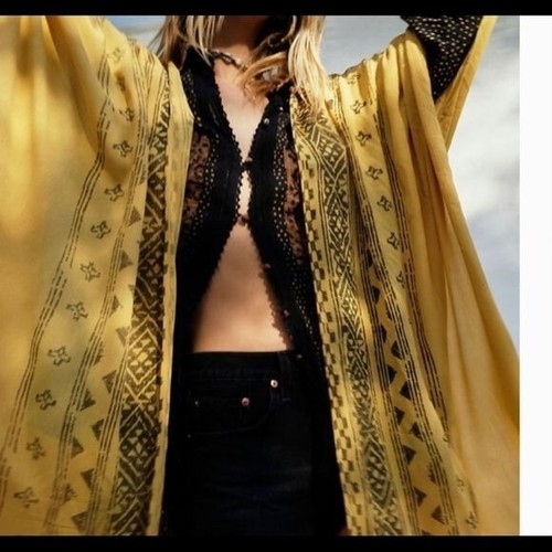 Free People Mustard Black Tribal Aztec Western Boho Print Duster Kimono OS - Picture 2 of 9
