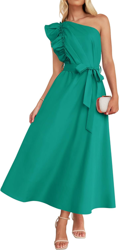 Women'S 2025 Summer One Shoulder Ruffle Dress Sleeveless Empire Waist Boho Flowy