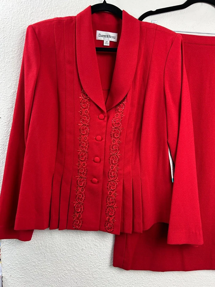 Danny & Nicole Mujer Talla 16P Rojo Manga Larga Chaqueta y Falda Traje Conjunto Carrera Foto 2 de 4