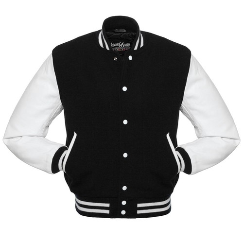 Stewart & Strauss Black Wool & White Leather Varsity Letterman Baseball Jacket - Picture 2 of 6