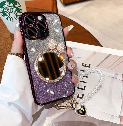 Gradient Glitter Bling Mirror Case Cover For iPhone 14 15 Pro Max with Bracelet - Picture 16 of 18