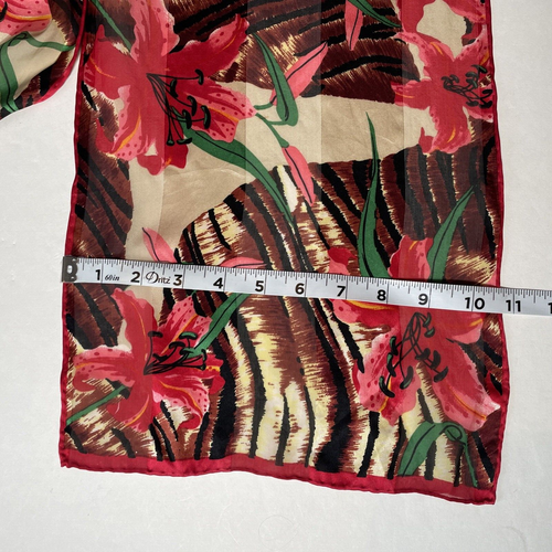 Vintage Red Silk-like Floral Reds Lily Floral Scarf 10.75" X 51 Brown Black - Picture 4 of 9