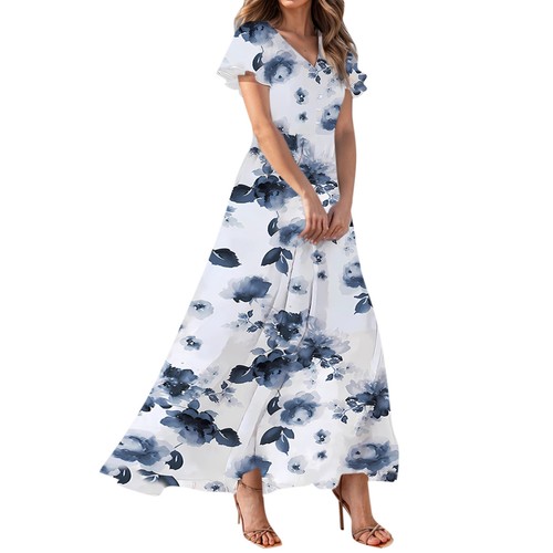 Maxi abito donna chiffon con volant manica corta maxi floreale estivo casual maxi dress - Foto 38 di 48