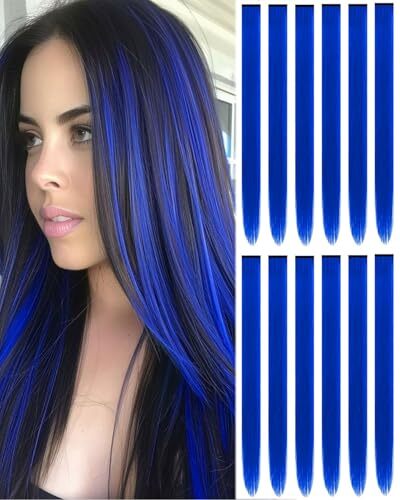 22 Inch Colored Hair extension 12 Pcs Clip in Hair Extension for Women Blue - Picture 1 of 6