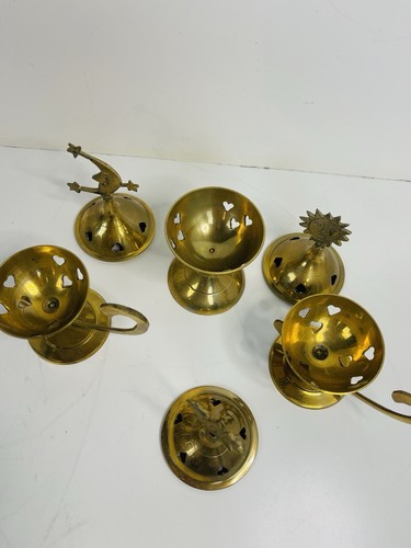Set 3 BRASS CENSER INCENSE BURNER Dome Celestial Moon Sun Stars Peacock Handle ✨ - Picture 8 of 11