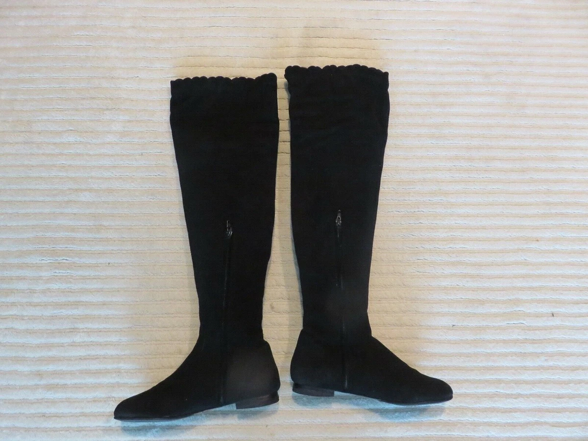 MARC JACOBS black suede over the knee flat BOOTS scalloped top 9 M