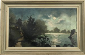 Moonlight-At-Sea-Shore-Fjord-Sailing-Boat-Windmill-Oil-Painting-Um-1920