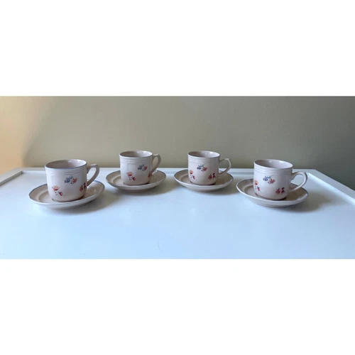 Stoneware Cup and Saucer Blue & Pink Floral International Tableworks Set of 4
