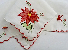 VTG Christmas Handkerchief, 12" Square, Cotton, Appliqu  Poinsettias 3D