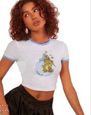 Care Bears Cotton Cropped Graphic Ringer T-Shirt, Slim, White/Blue- Small