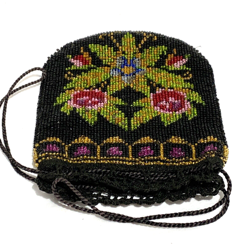 Bolso Monedero Vintage Cuentas Flores Negro y Rosa Crochet Cordón Mendigos Bolso - Imagen 12 de 12