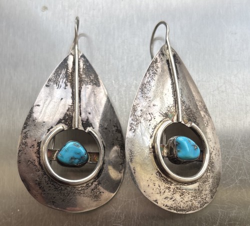 Grandi orecchini vintage Navajo modernisti argento sterling goccia turchese - Foto 8 di 8