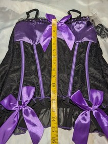 JUST SEXY LINGERIE $58 2 Pc Bustier Panty Set Lingerie Purple Black LACE TRIM LG