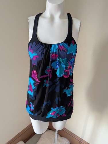 Express Y2K Sequin Tank Top Womens S Floral Embellished Blouson Long Sleeveless - Picture 9 of 14