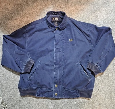 VTG Y2K CAT Navy Blue Bomber Jacket Embroidered Logo Button Closure Men's XL