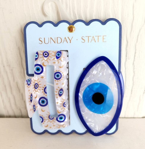 Juego de 2 pinzas para el cabello adornadas con perlas Sunday State Evil Eye turcas griegas nuevas - Imagen 8 de 9