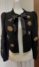 ALICE + OLIVIA Kitty Bee Crown and Black Bow Cardigan Sweater  SZ Med $595 NWT