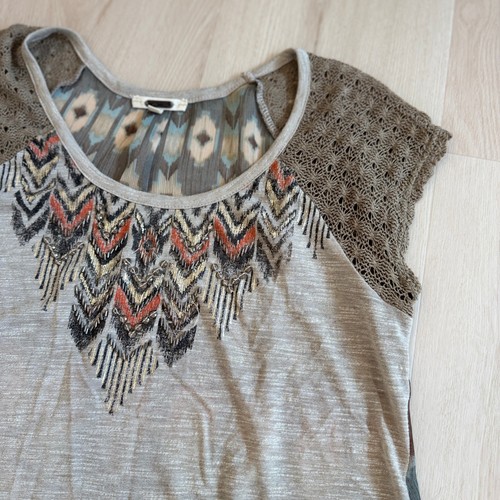 Miss Me Gray Top Lace Crochet Trim Bohemian Blouse Cowgirl Chic L Rustic - Picture 9 of 9