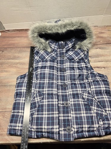 Aeropostale Youth Girls Size XL Sleeveless Plaid Puffer Jacket Fur Hooded - Picture 3 of 6