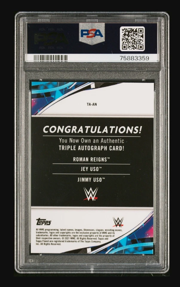 ROMAN REIGNS JEY JIMMY USO 2021 Topps Finest WWE Triple Auto Orange #/25 PSA 10 - Image 2 of 3