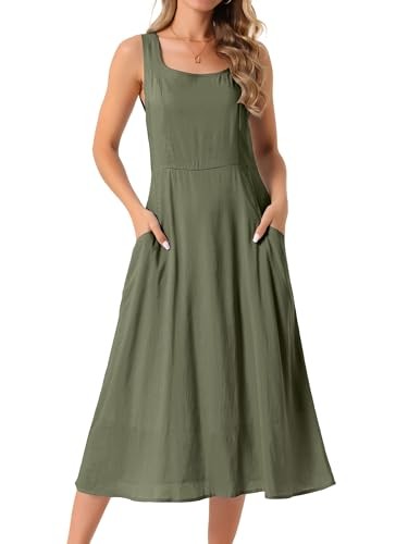 Women's Linen Dresses Summer Sleeveless Sundress Casual Loose Large Army Green - Picture 2 of 2