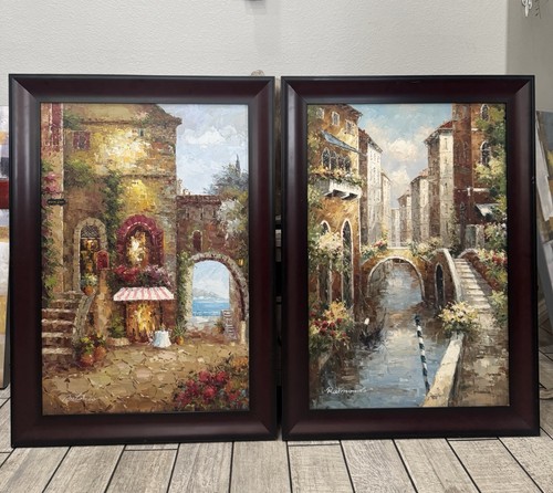 Original Ölgemälde auf Leinwand Toskanische Dorfszene/Venezianischer Kanal 41x30x1,5