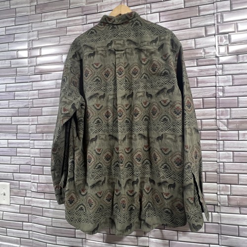 VTG Cabela's mens XL shirt flannel Deerskin Soft Chamois Green Wolf Aztec Button - Picture 4 of 18
