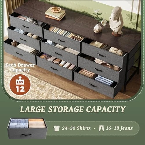  63 Inch Dresser for Bedroom, 13.8"D x 63"W x 26.8"H (9 Drawers) Dark Grey - Image 4 of 4