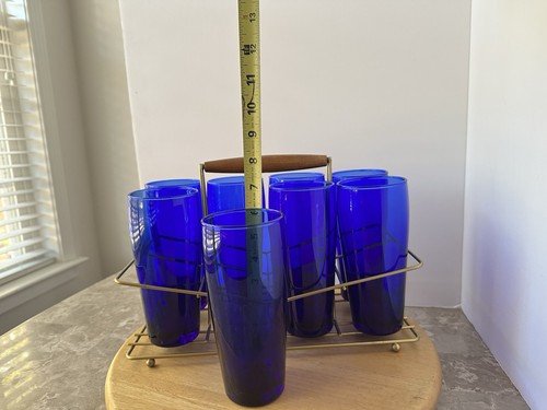 Vintage 1960’s Glass Carrier With 8 Cobalt Blue 6.5” Highball Glasses MCM 16oz - Picture 5 of 16