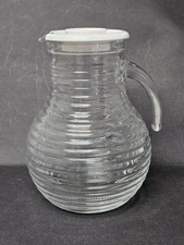 Vintage Beehive Clear Glass Pitcher Ribbed w/ Lid Open Handle Italy