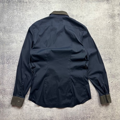 Prada Popeline Stretch Bicolore Long Sleeve Shirt Navy Brown Collar size 41 men - Picture 9 of 14