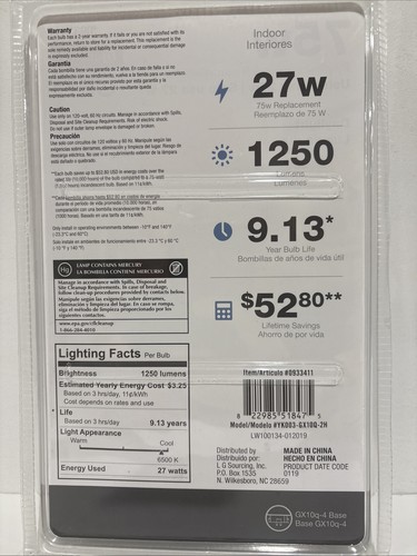 UTILITECH 27W, 75W Daylight 4 Pin/Prong 1250 Lumens CFL Bulb 0933411 SEALED - Picture 2 of 2