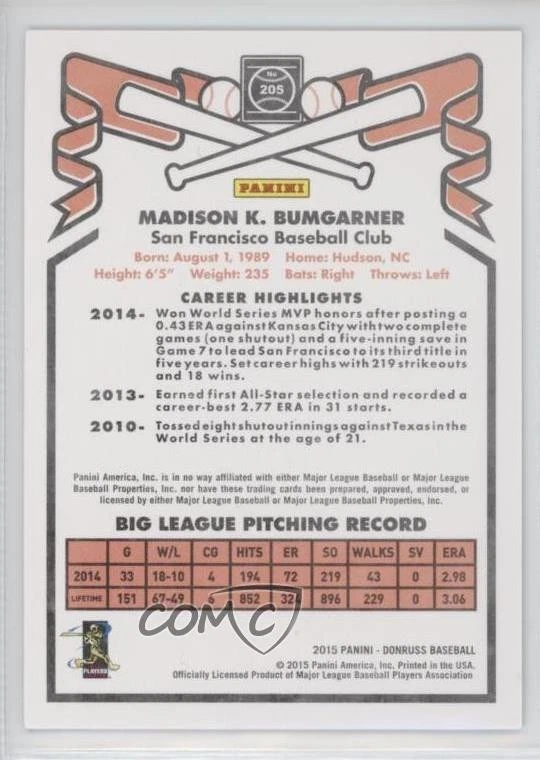 2015 Donruss Inaugural 1981 Edition Press Proof Bronze /299 Madison Bumgarner - Image 2 of 2