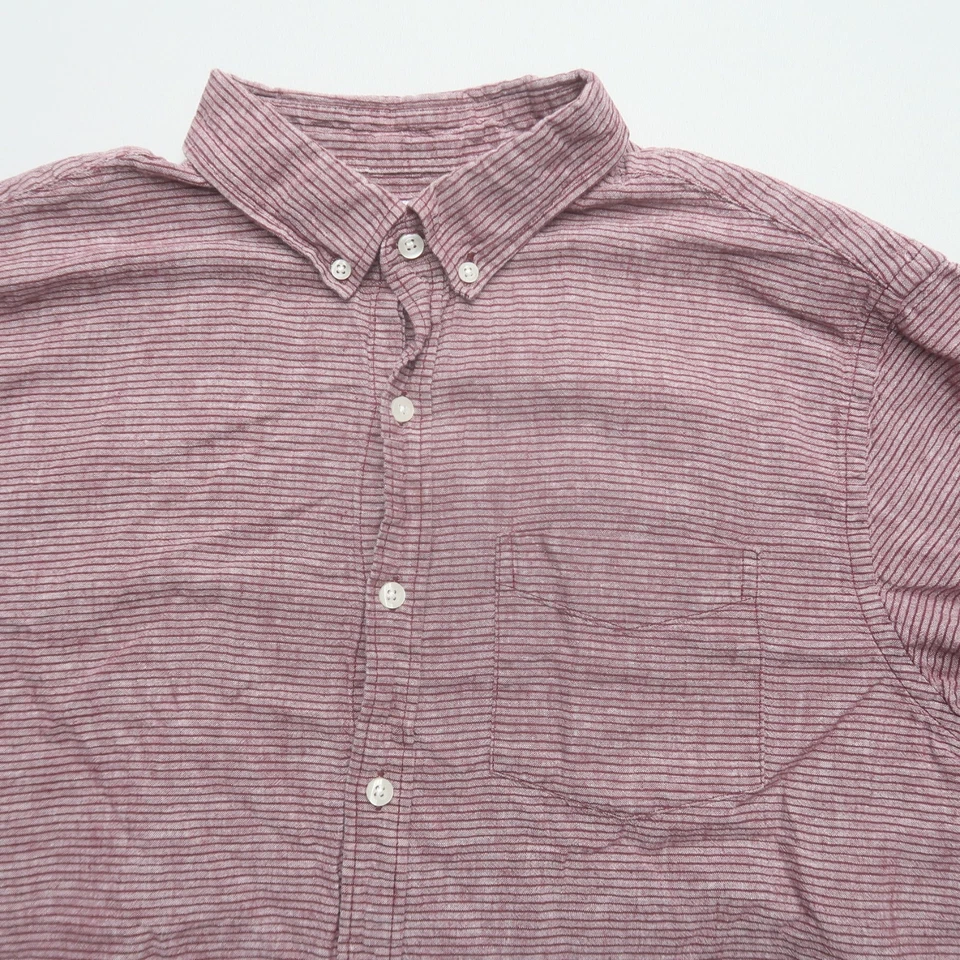 Camisa Abotonada Antigua Azul Marino Para Hombres Mezcla de Lino Grande Calce Relajado Rayas Manga Corta Foto 3 de 4