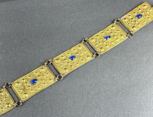 Vintage Statement Messing Taillengürtel verzierte Paneele Kunst blaue Steine Boho 30 Zoll - Bild 4 von 10