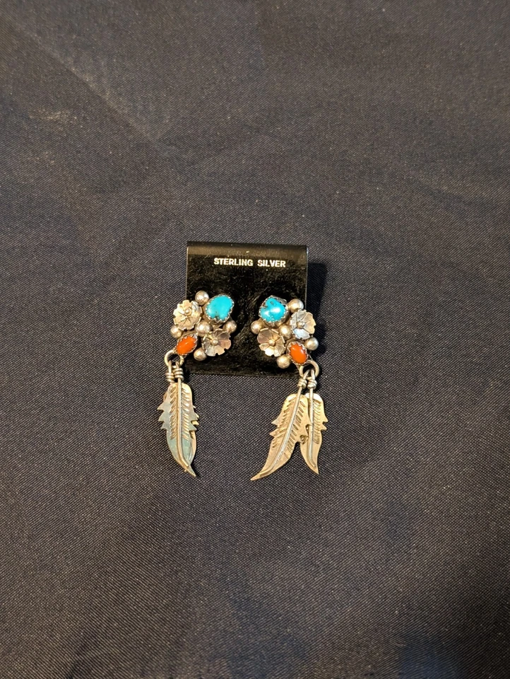 Sterling Silver Flower and Feather Dangle Earrings 7g With Turquoise And Coral - Image 2 of 3