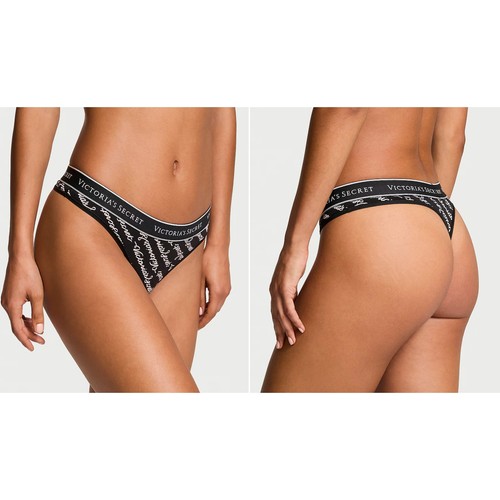 Victoria's Secret Women's Panties Size L Black Logo Script Cotton Thong  - Picture 4 of 4