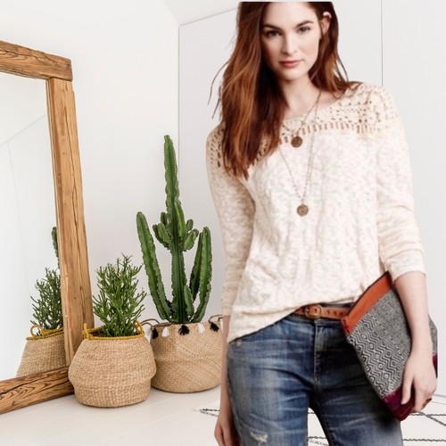 Anthropologie Meadow Rue Women’s M Crochet Trim Knit Sweater Cream - Picture 10 of 10