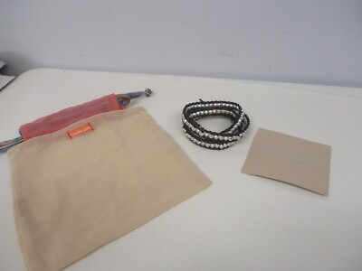 CHAN LUU BLACK LEATHER SILVER FACETED BEAD WRAP BRACELET 31