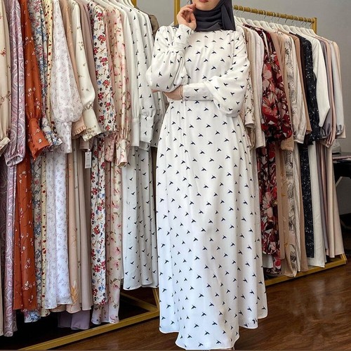 Damen Langarm bedruckt Plissee Muslim Dubai Abaya Party langes Maxikleid Robe - Bild 5 von 12