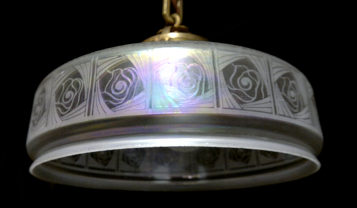 Antique Art Nouveau Iridescent Etched Glass Ceiling Pendant Light 15.5" drop - Picture 19 of 22