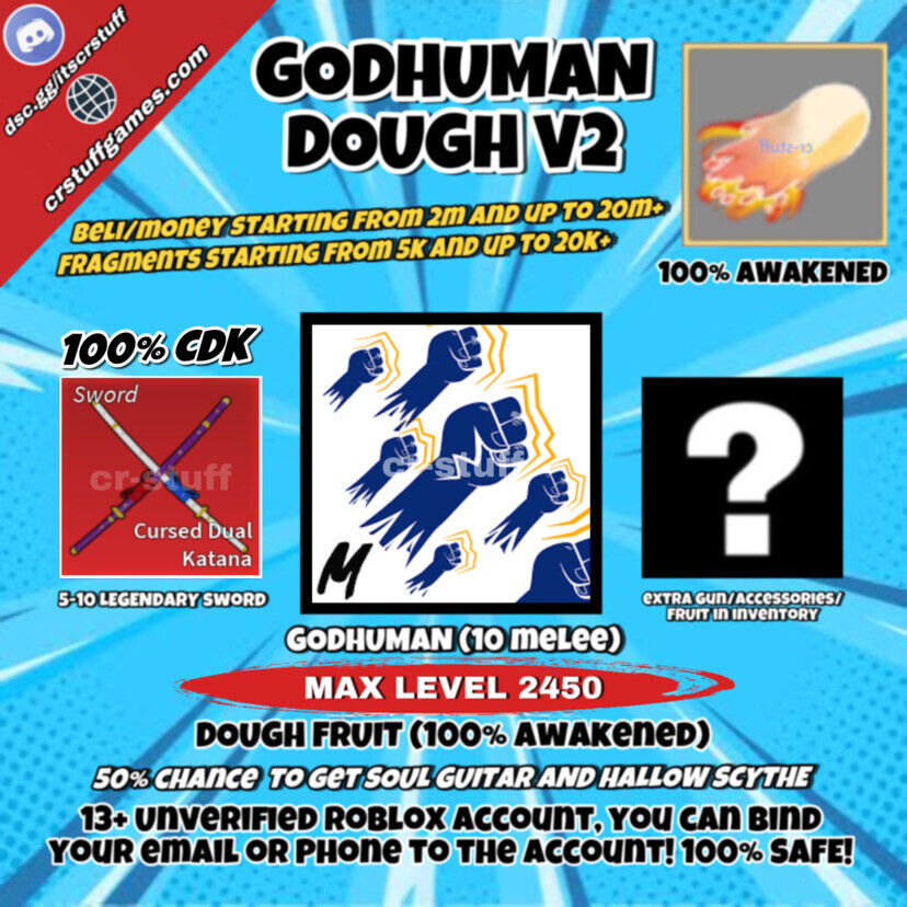 Blox Fruit Account Lv:2450Max, V3 Human Awaken Dough, GodHuman, Hallow  scythe, Soul Guitar, Unverified Account