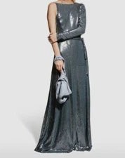 $546 Halston Women's Blue Sequin One Shoulder Self Tie Gown Dress Size 10