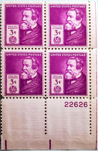 US STAMP 1940 SCOTT # 891 PLATE BLOCK OF 4, 3 CENT, CYRUS HALL MCCORMICK,MNH XF