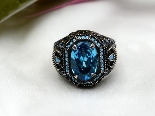 Aquamarine Ring Men 925 Sterling Silver Turkish Jewelry Size 7-14 - Picture 4 of 8