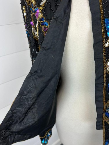 Vtg Laurence Kazar Stunning Beaded Silk Jacket Womens M Black Evening Lined - Picture 5 of 8